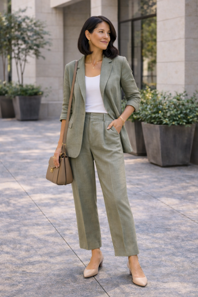 Woman wearing a sage green linen blazer with matching wide-leg linen pants and a white top, paired with beige heels and a brown crossbody bag, standing on a city sidewalk.