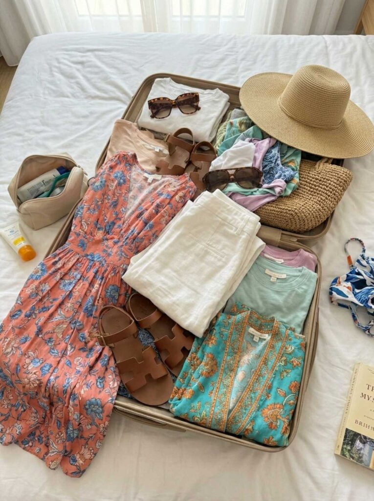 An open suitcase on a bed filled with colorful Florida outfits, including a floral dress, linen pants, sandals, sunglasses, and a straw hat arranged for packing.