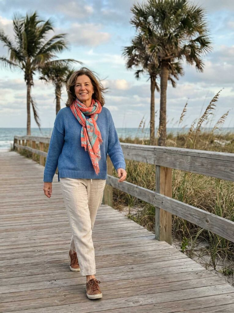 A woman in her 50s wearing a lightweight sweater, scarf, and linen pants walking along a breezy Florida beach boardwalk.