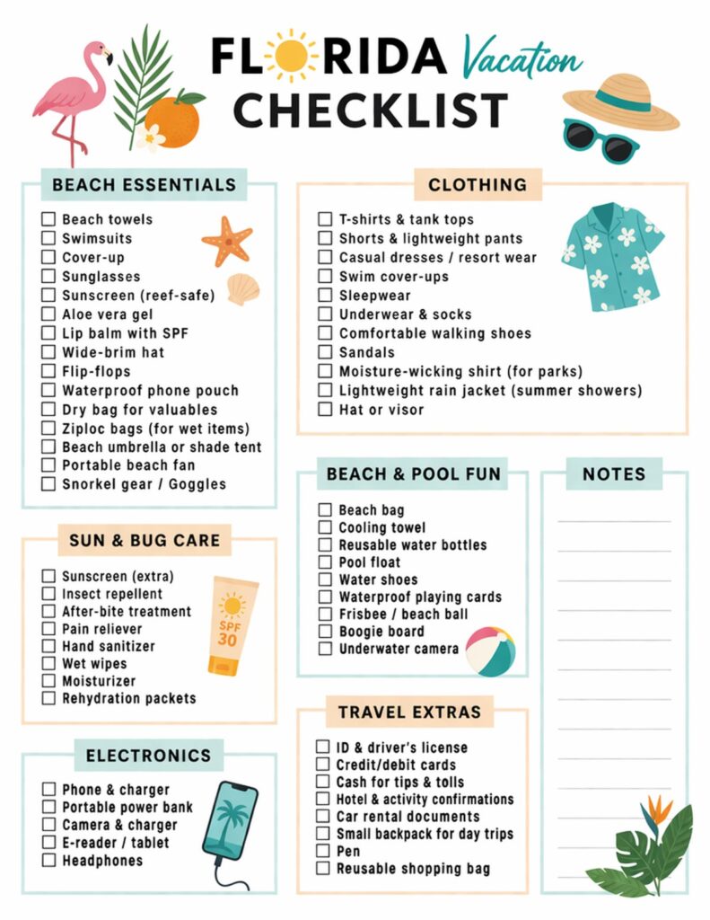 A colorful Florida vacation packing checklist with categories for clothing, beach essentials, travel items, and accessories arranged in a clean layout.