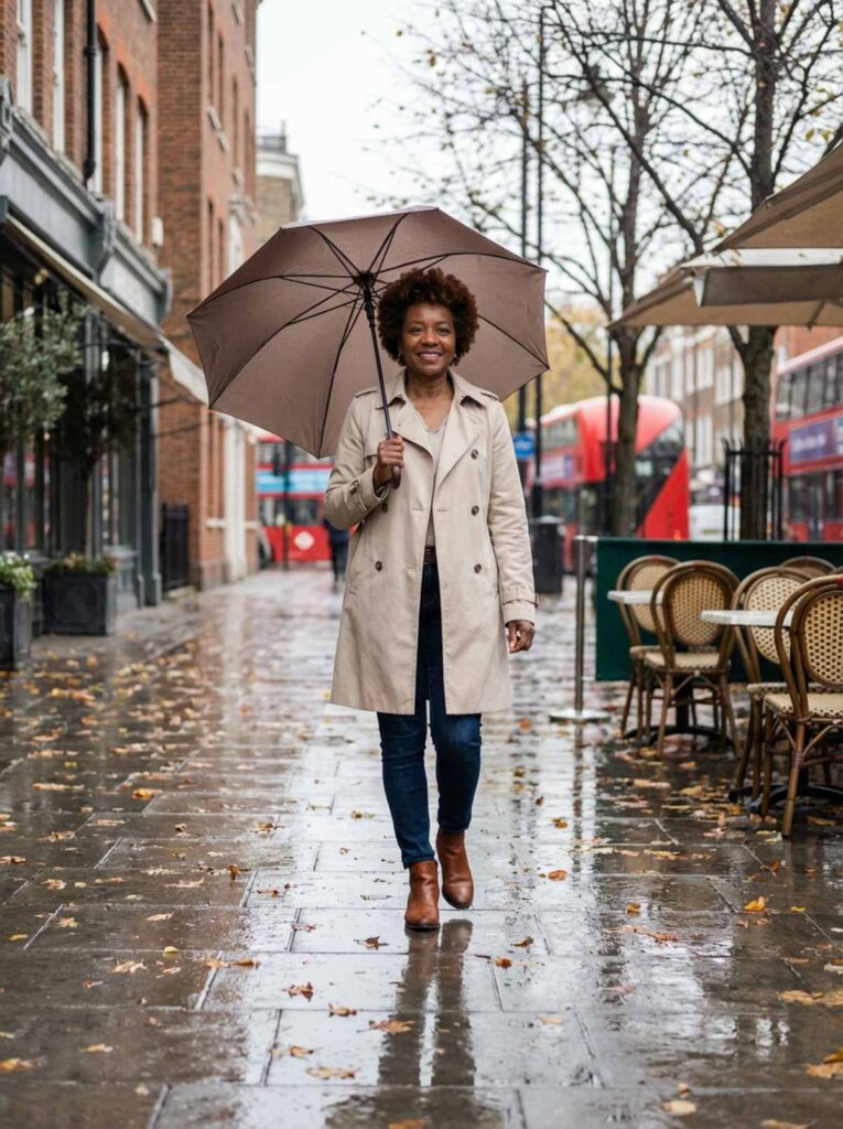 A stylish Black woman over 50 walks along a rainy London street holding an umbrella, wearing a beige trench coat, dark jeans, and ankle boots.