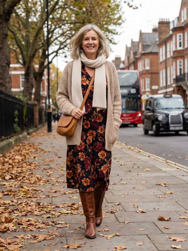 A woman over 50 walks along a London street in autumn wearing a floral midi dress, beige cardigan, scarf, and tall brown boots.