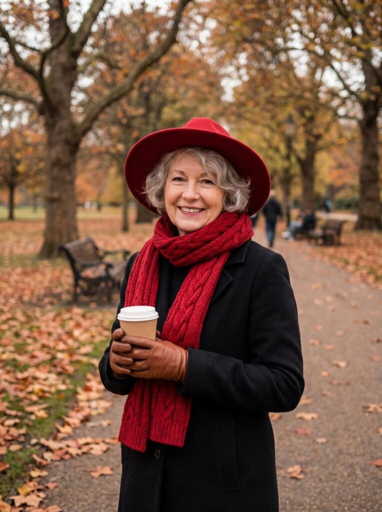 A woman over 50 smiles in a London park wearing a black coat, red hat, and thick red scarf while holding a takeaway coffee.