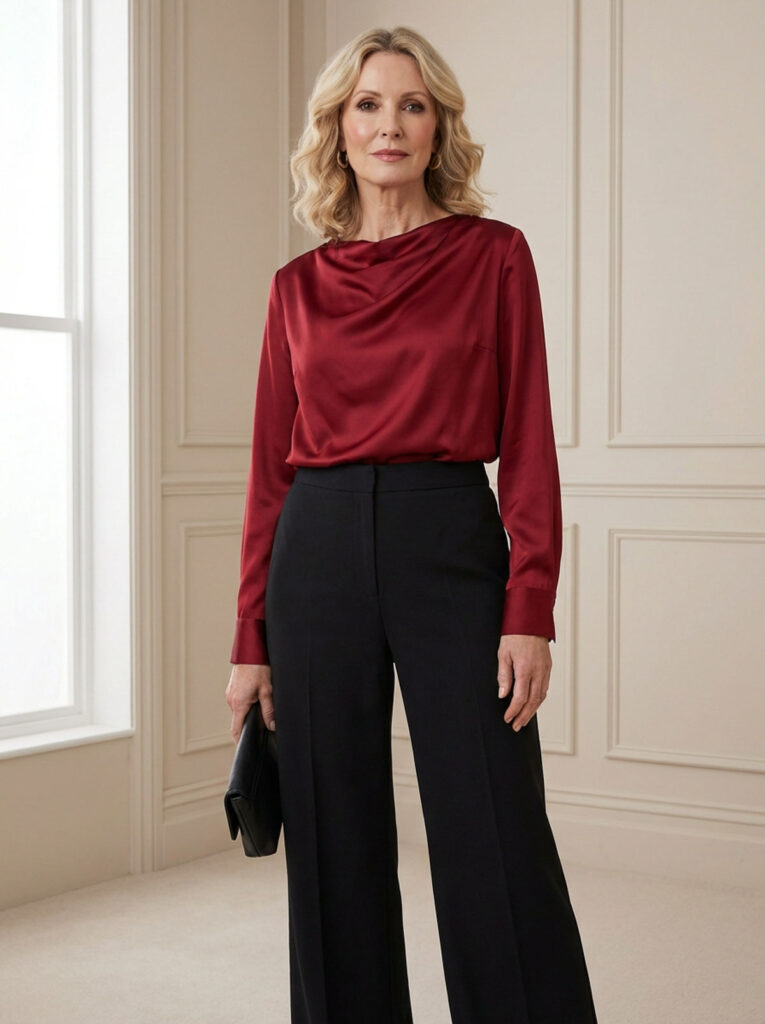 A woman over 50 stands indoors wearing a red satin blouse with black wide-leg trousers and holding a black clutch in a neutral-toned room.