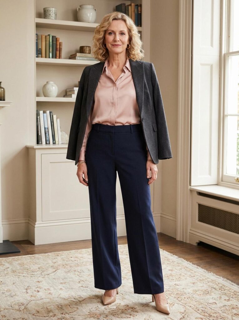 A woman over 50 stands in a London-style home wearing a blush blouse, navy trousers, and a gray blazer with bookshelves in the background.