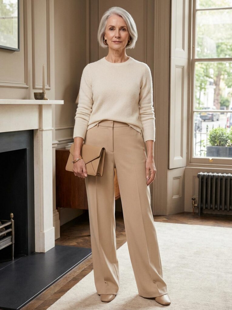 A woman over 50 stands indoors wearing a beige sweater and matching tailored trousers, holding a clutch in a softly lit London interior.