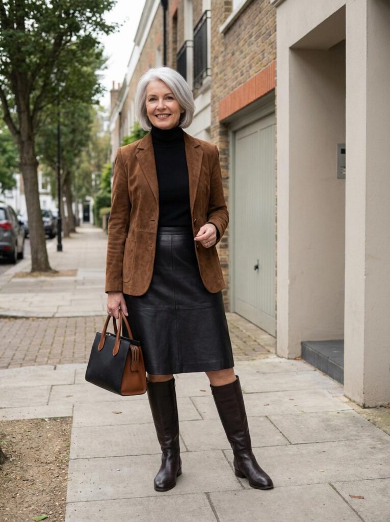 A woman over 50 walks along a London street wearing a brown suede jacket, black turtleneck, leather skirt, and knee-high boots.