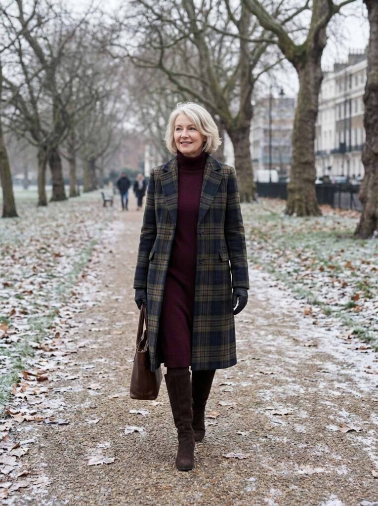 A woman over 50 walks through a London park in cooler weather wearing a plaid coat over a burgundy dress with tall boots.