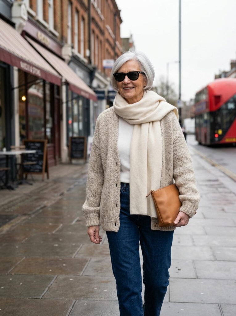 A woman over 50 walks along a London street wearing a beige cardigan, scarf, jeans, and sunglasses with a red double-decker bus in the background.