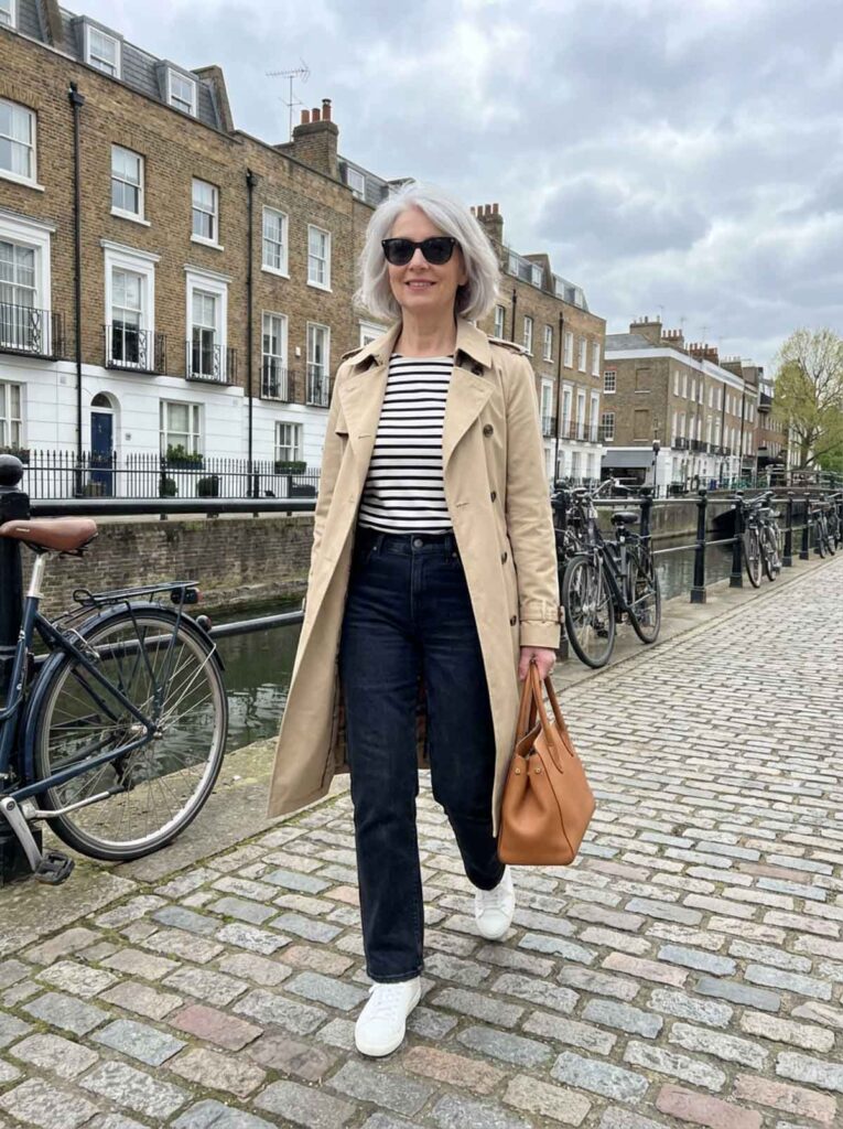A woman over 50 walks along a London canal wearing a trench coat, striped top, jeans, and white sneakers, carrying a tan handbag.