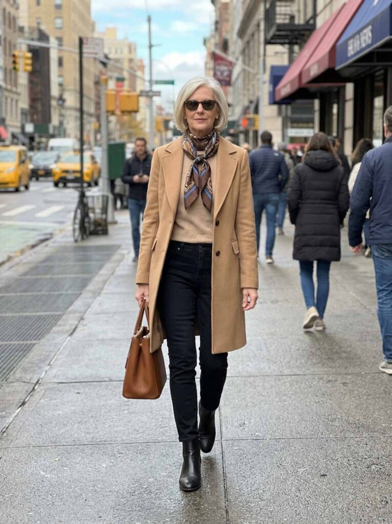 A stylish woman over 50 walks along a New York City street wearing a camel coat, black jeans, ankle boots, and a silk scarf.