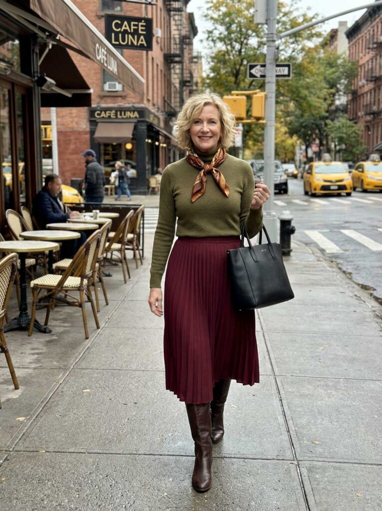 A woman over 50 walks along a New York City sidewalk wearing an olive sweater, pleated burgundy skirt, scarf, tall boots, and carrying a black tote near a café.