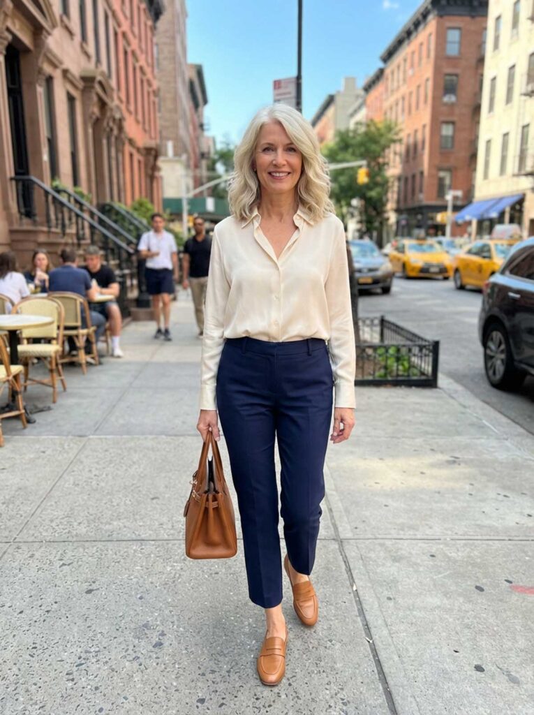 A woman over 50 walks along a New York street wearing a white blouse, navy trousers, and tan loafers with a classic handbag.