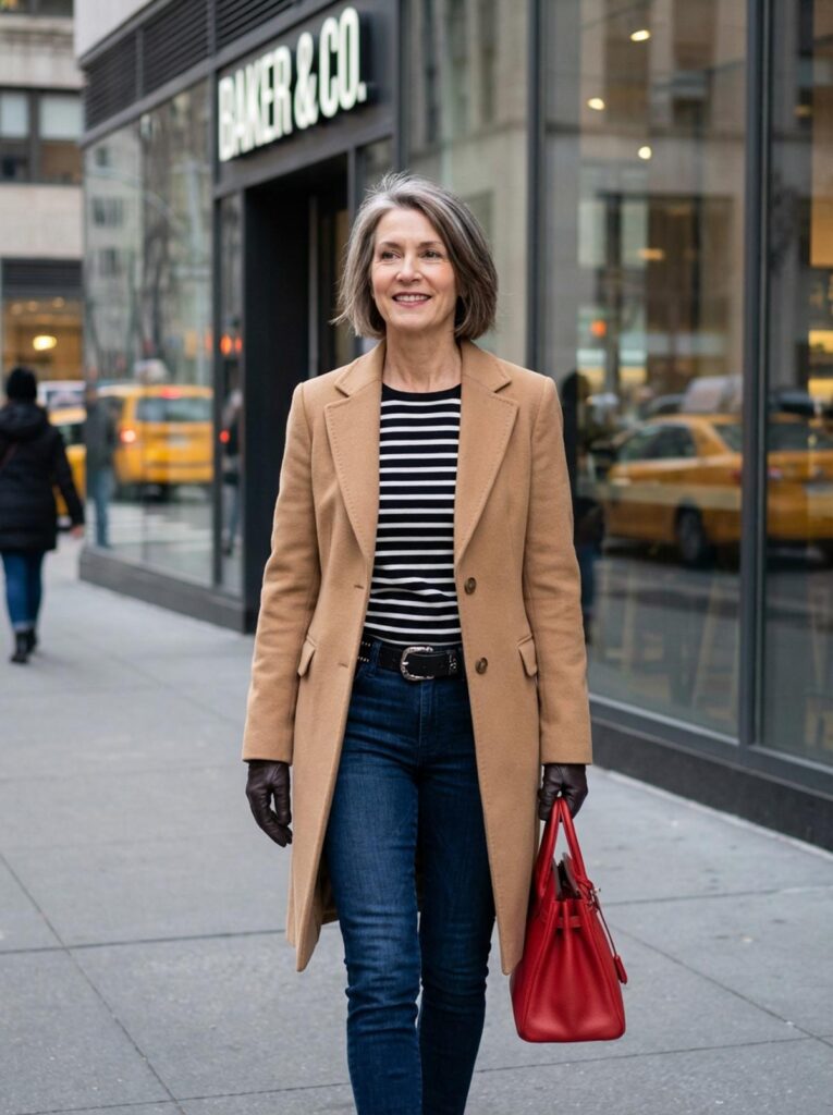 A woman over 50 stands on a New York street wearing a camel coat, striped top, jeans, and a bold red handbag.
