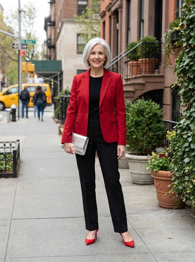 A woman over 50 stands on a New York sidewalk wearing a red blazer with black trousers and matching red heels.