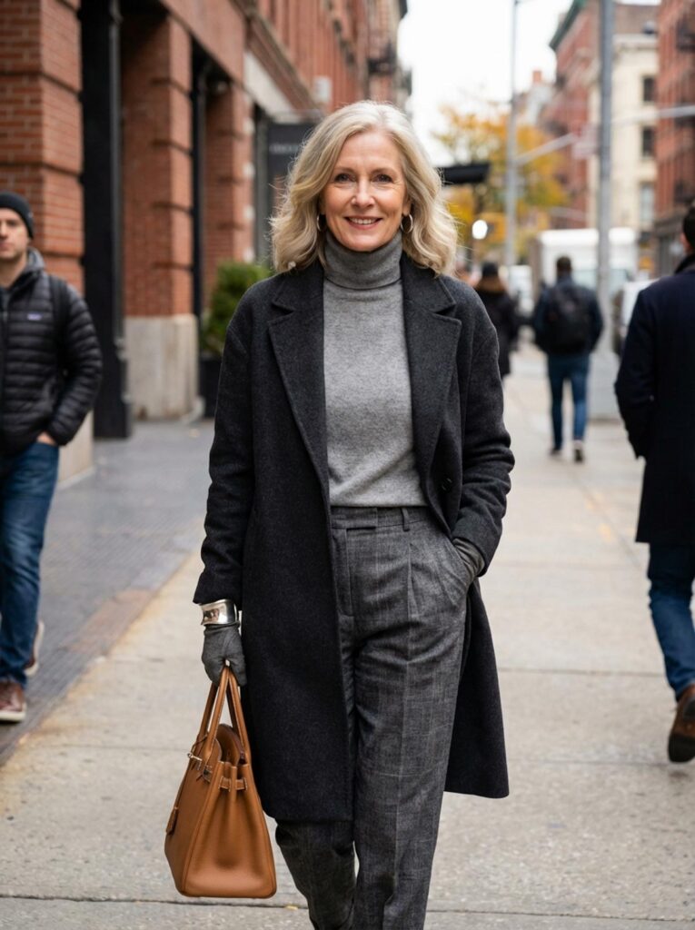 A woman over 50 walks along a New York street wearing a gray coat over a gray turtleneck and tailored gray trousers with a brown handbag.