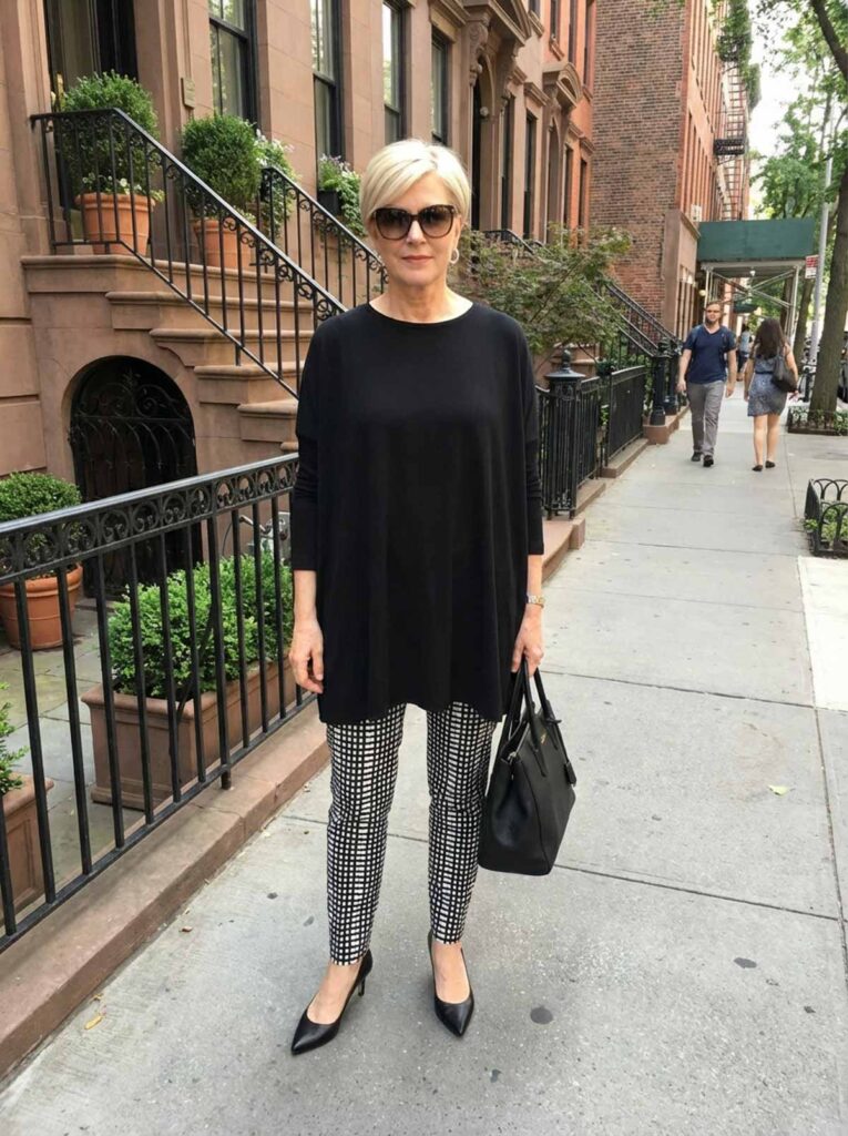A woman over 50 stands on a New York sidewalk wearing a black tunic top, black and white patterned pants, black heels, and sunglasses.