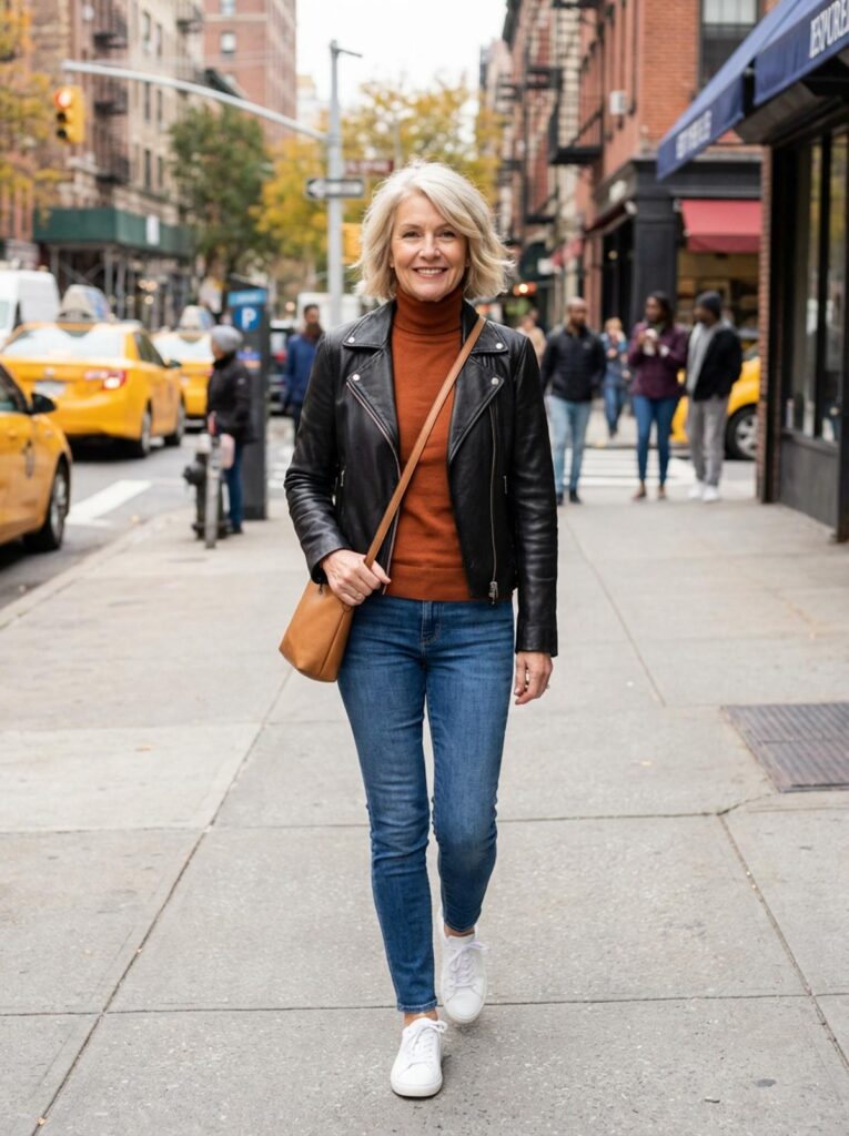 A woman over 50 walks along a New York street wearing a black leather jacket, rust turtleneck, jeans, and white sneakers.
