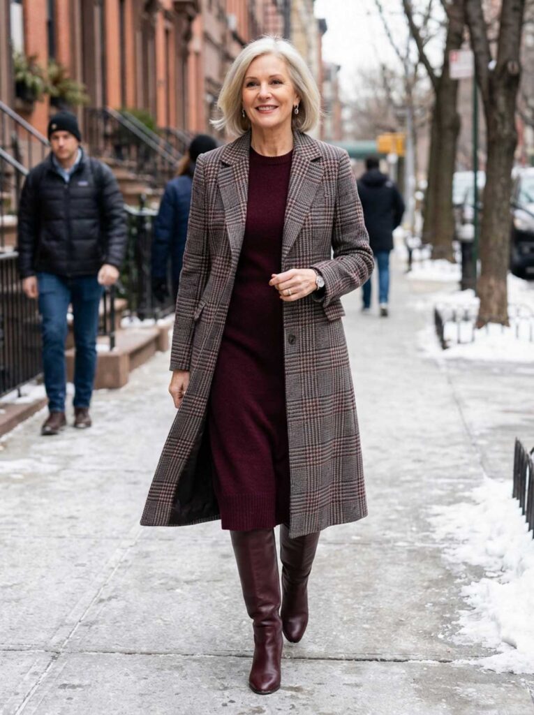 A woman over 50 walks on a snowy New York sidewalk wearing a plaid coat over a burgundy dress with tall burgundy boots.