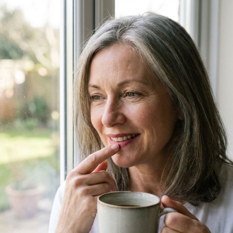Mature woman with minimal makeup enjoying coffee by window