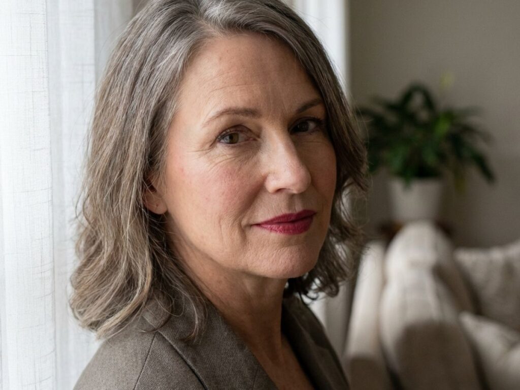 Mature woman with deep rose lipstick and elegant makeup sitting by window indoors.