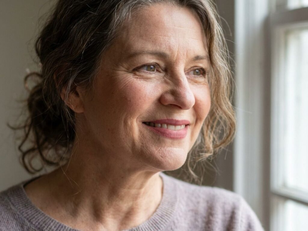 Smiling woman over 50 with subtle makeup and grey hair by window