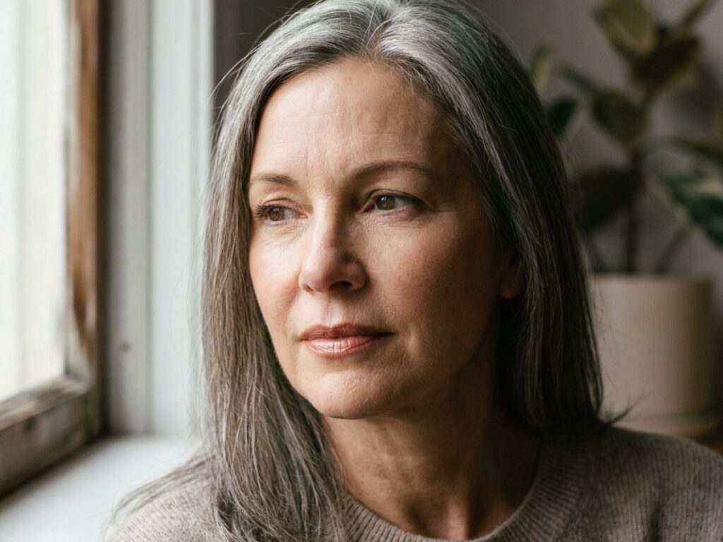 Middle-aged woman with natural makeup looking out window in soft light