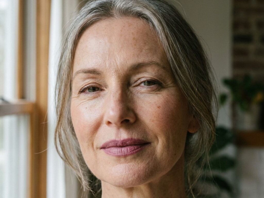 Close-up of woman over 50 with soft pink lipstick and glowing skin indoors