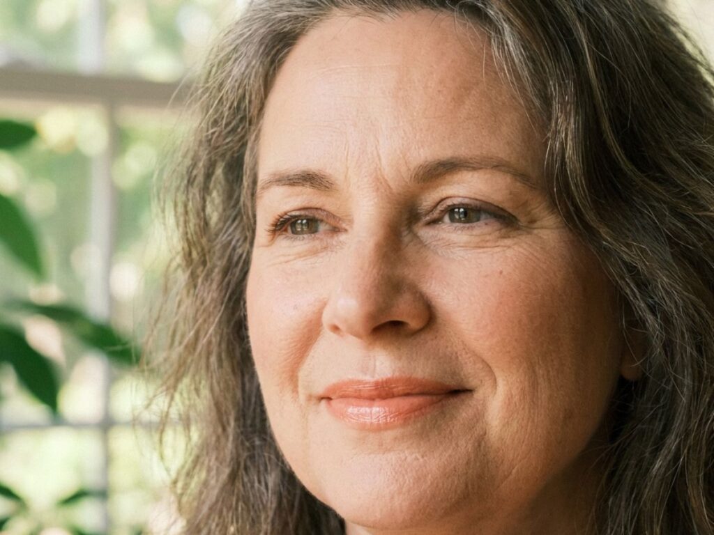 Close-up of woman over 50 with dewy skin and subtle peach-toned makeup indoors