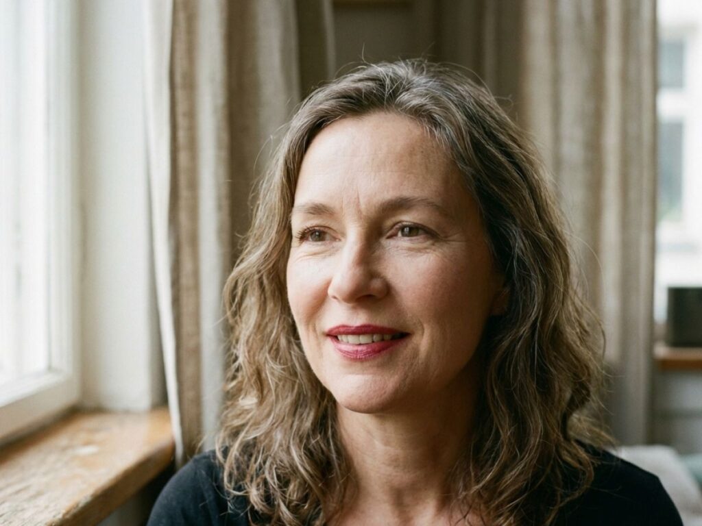 Smiling mature woman with soft waves and natural makeup by window light