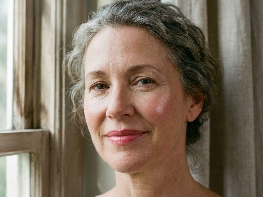 Woman over 50 with natural glowing skin and light pink lipstick near window