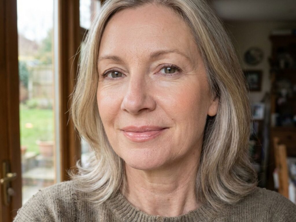 Middle-aged woman with minimal makeup and smooth complexion in natural home setting