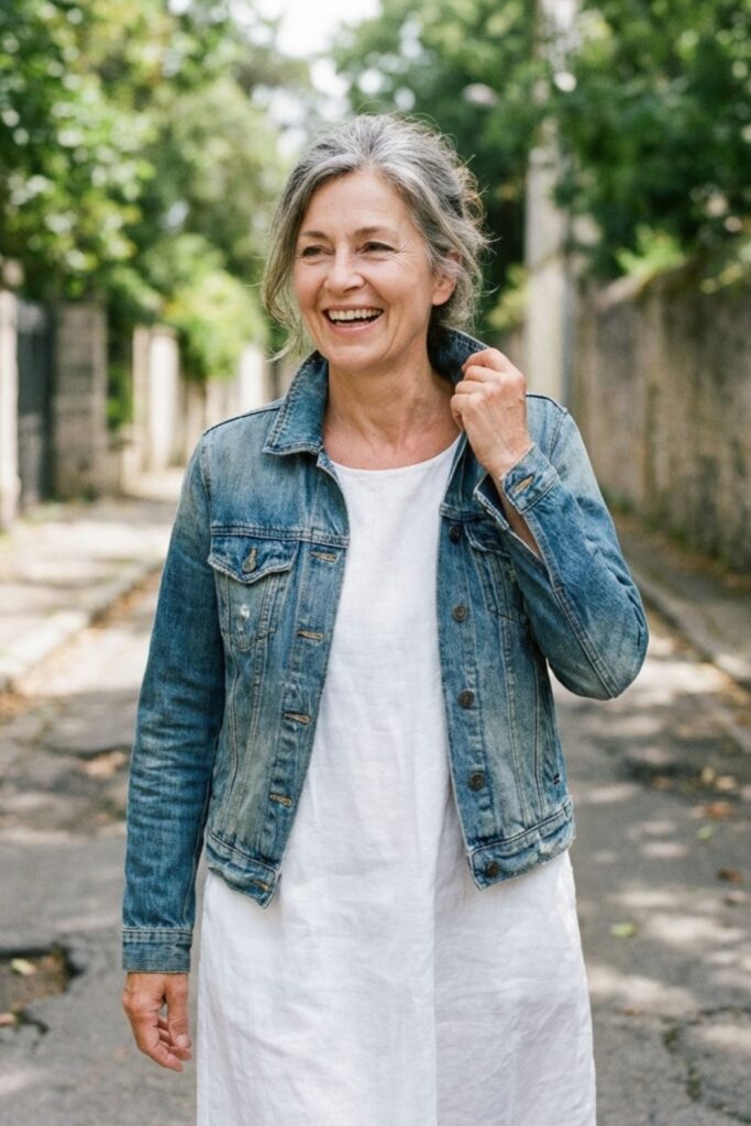 A smiling older woman in a denim jacket walks down a leafy street in soft sunlight.