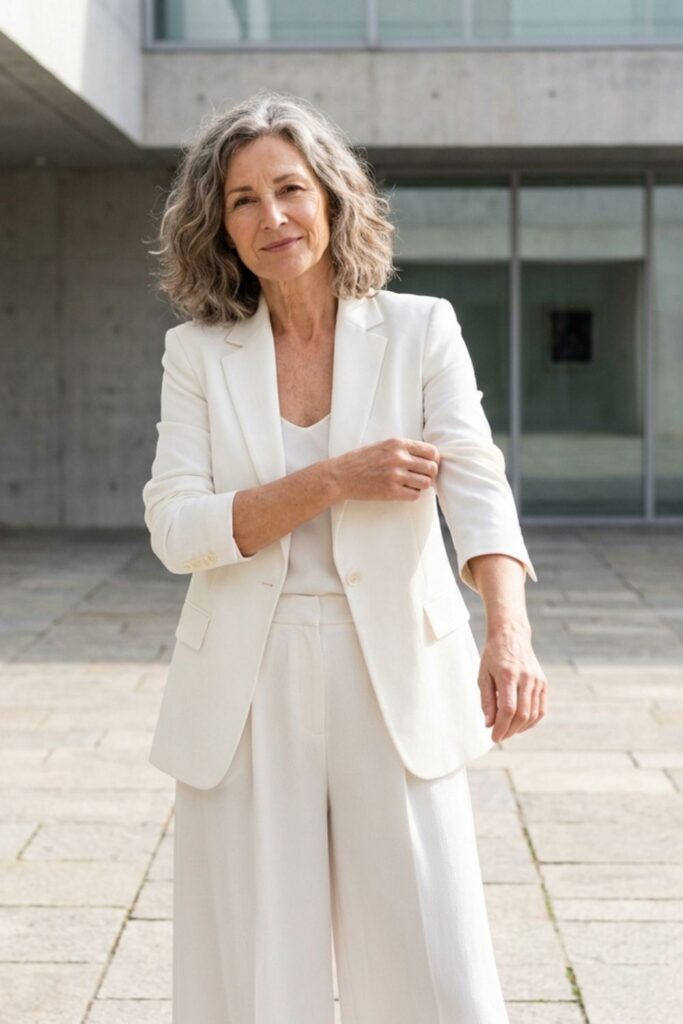 A confident older woman in a cream suit rolls up her sleeve while standing in a modern outdoor setting.