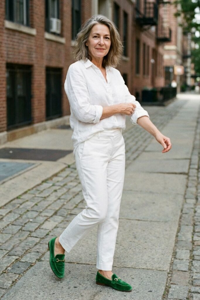 A stylish older woman in an all-white outfit walks on a city street while adjusting her sleeve, wearing green loafers.