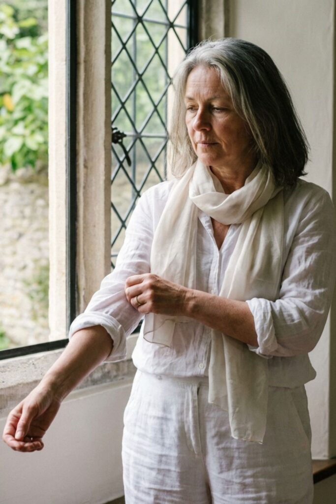 A serene older woman in a white outfit adjusts her sleeve by a window with soft natural light.