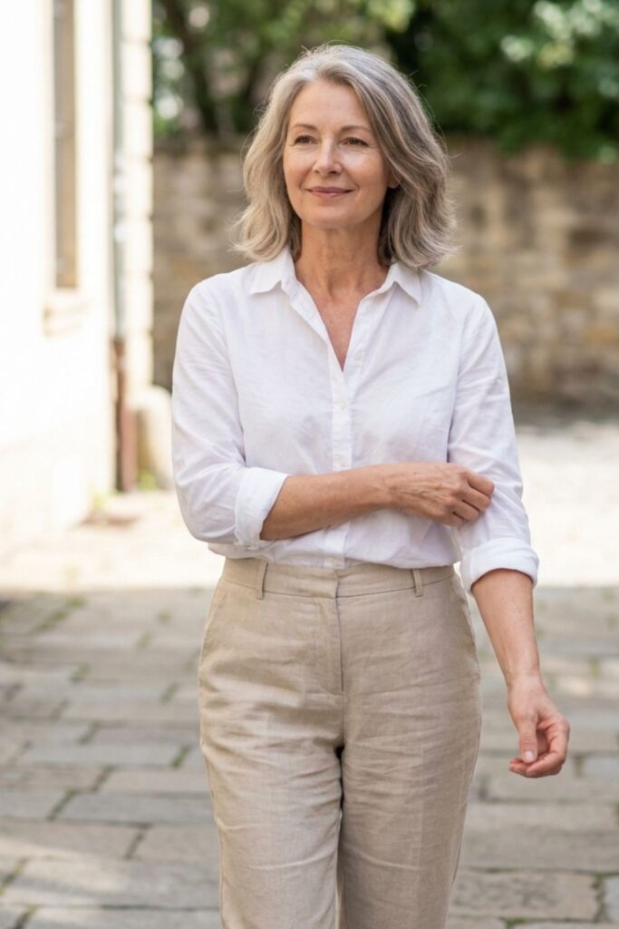 A poised older woman in a white blouse and beige trousers rolls up her sleeve while walking.