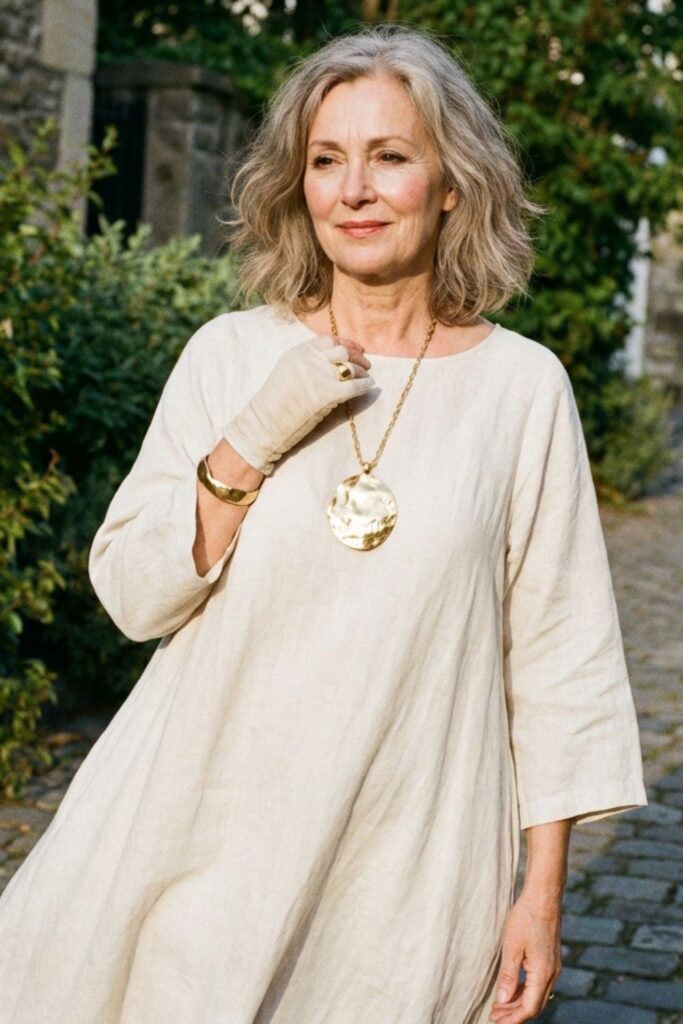 An elegant older woman in a flowing neutral dress adjusts a large gold pendant outdoors.