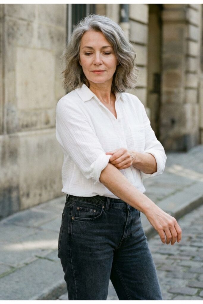 A confident older woman in a white shirt and dark jeans rolls up her sleeve on a cobblestone street.
