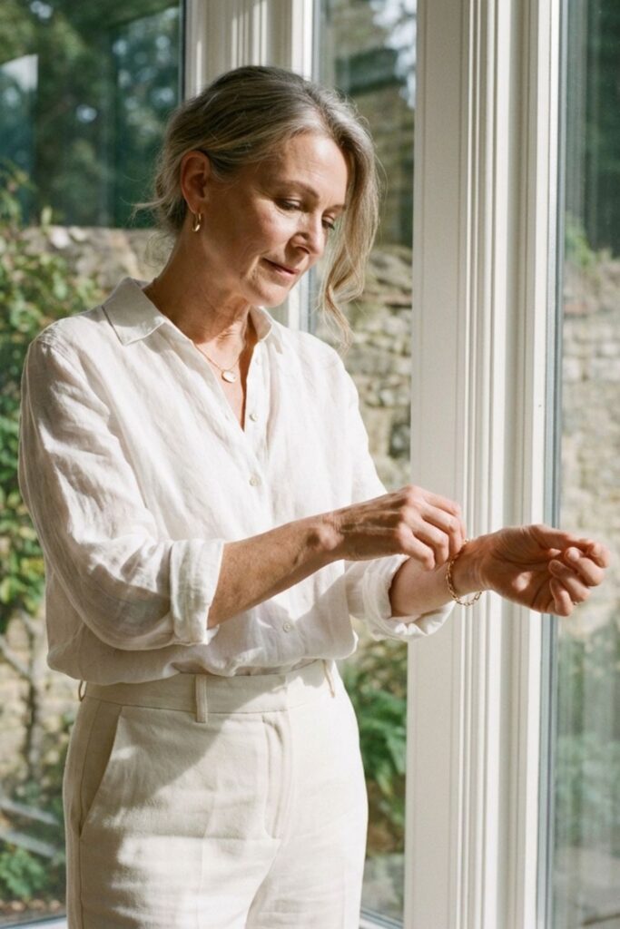 A stylish older woman in a white blouse adjusts her bracelet by a sunlit window.