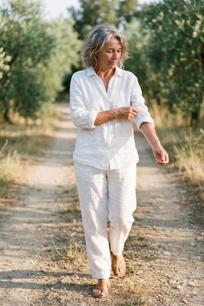 A calm older woman in an all-white outfit walks on a sunlit path while adjusting her sleeve.