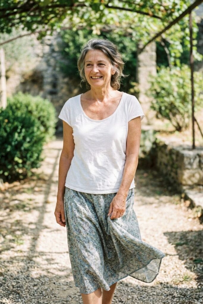 A cheerful older woman in a white top and flowy skirt walks along a garden path in natural light.