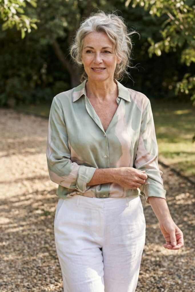 A stylish older woman in a pastel blouse walks outdoors, adjusting her sleeve with a relaxed expression.
