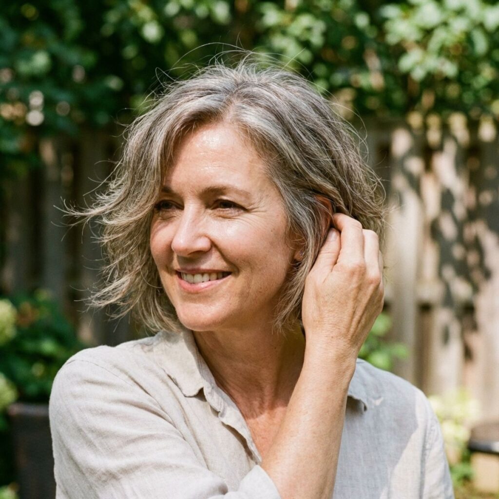 Smiling woman over 50 with soft layered gray hair in natural outdoor light