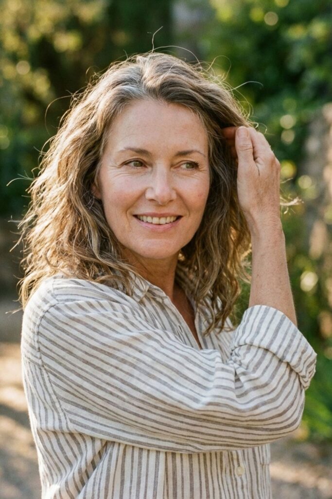 Woman over 50 with natural wavy gray hair enjoying sunlight in a garden