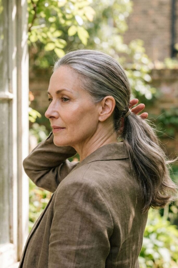 Elegant mature woman with gray ponytail standing by a window outdoors