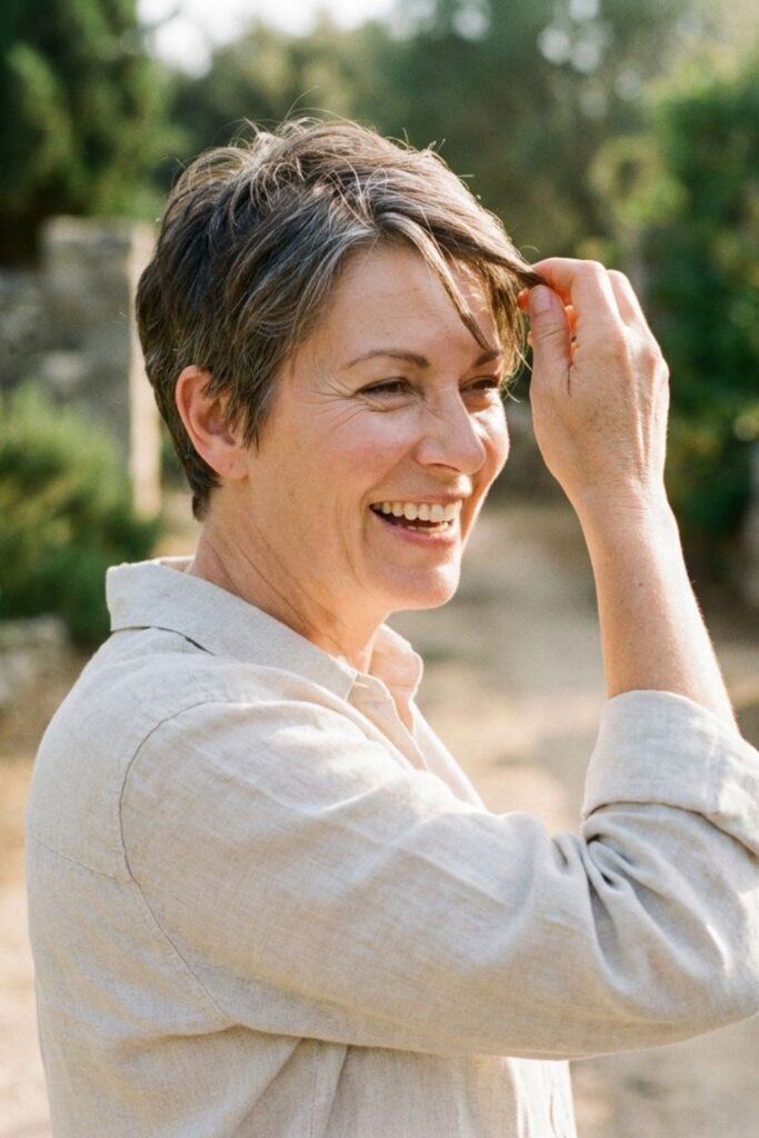 Smiling woman over 50 with short gray hair in a sunlit garden
