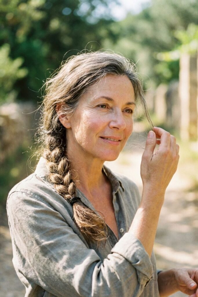 Woman over 50 with gray braided hair in a sunlit garden path