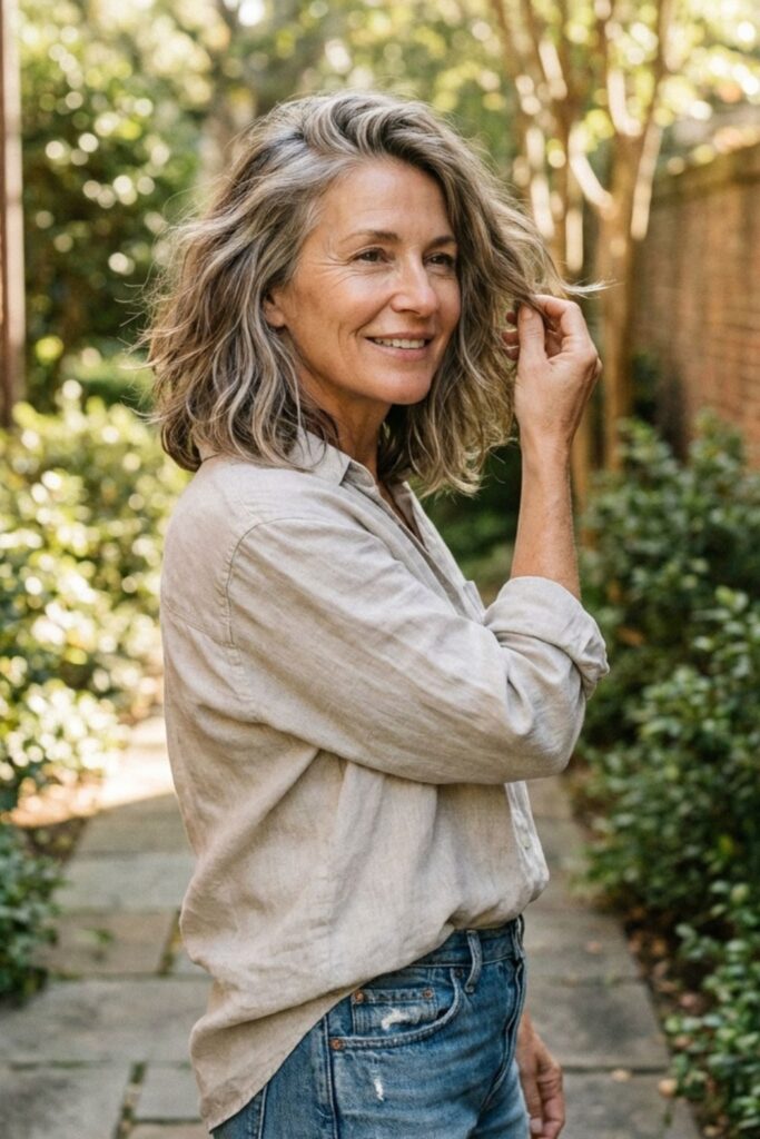 Stylish mature woman with wavy gray hair wearing jeans and a linen shirt outdoors