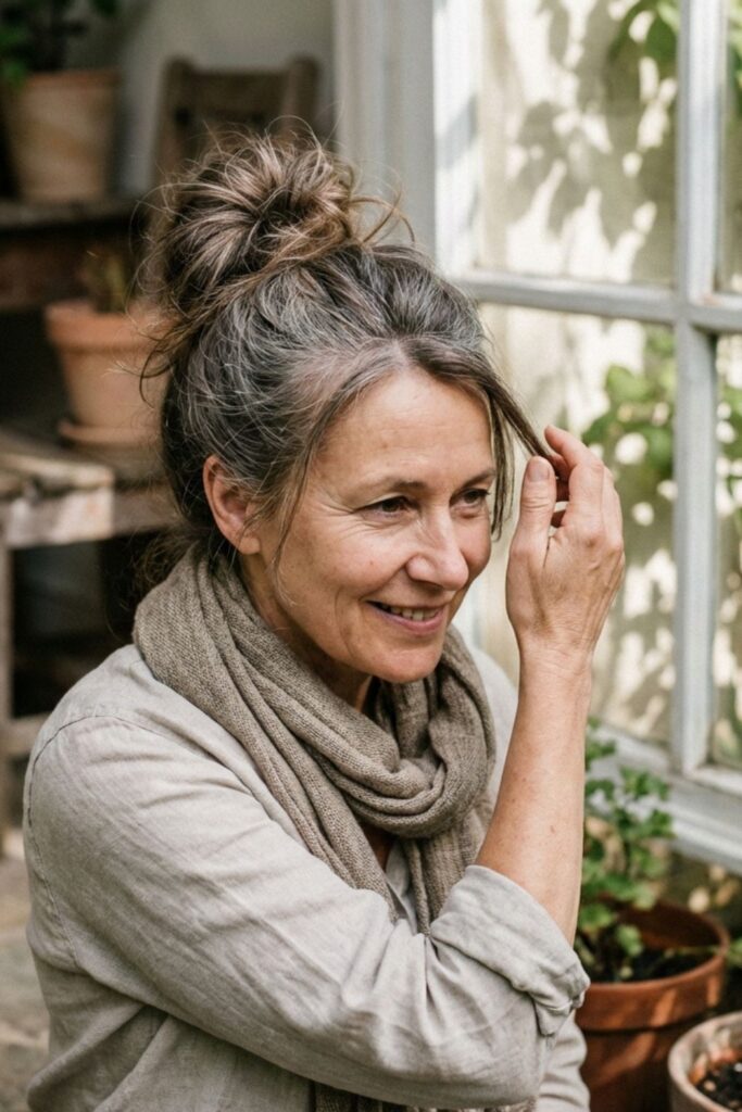 Woman over 50 with gray hair in a messy bun sitting by a window